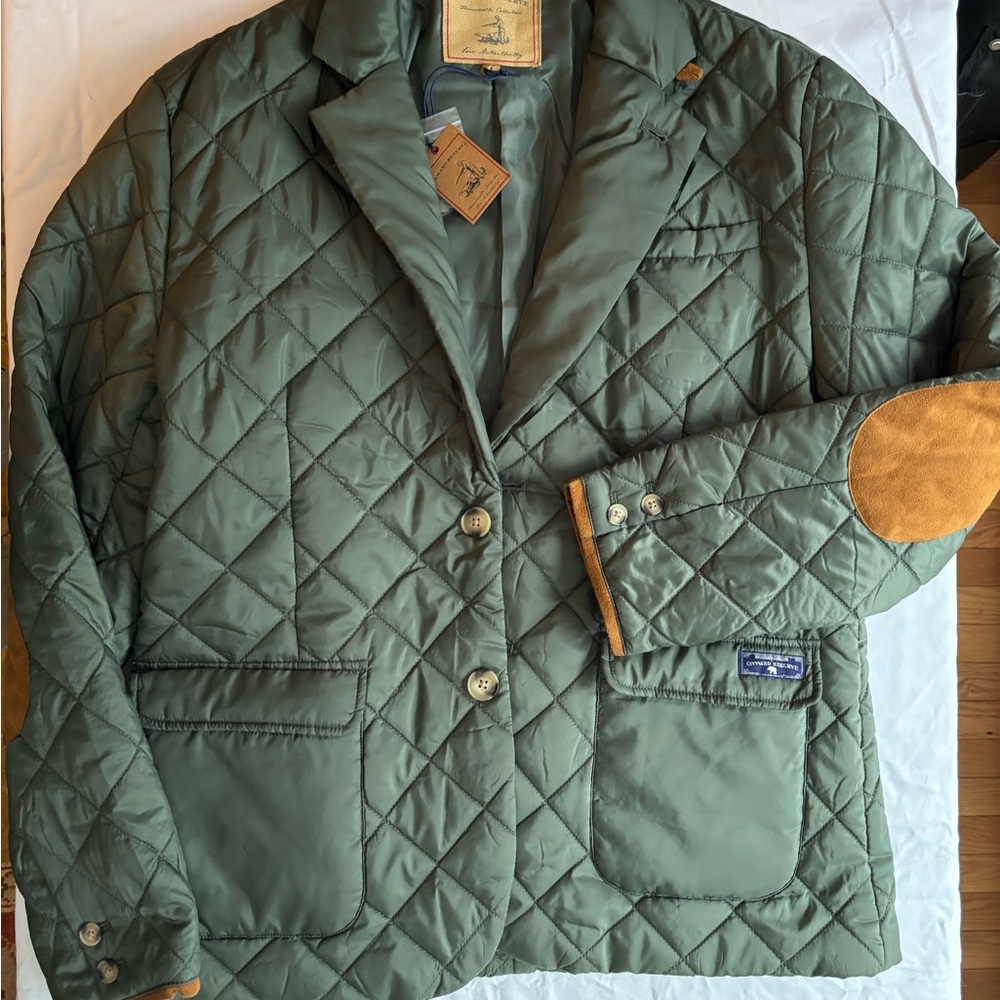 Men's Olive Quilted Jacket with Brown Accents M